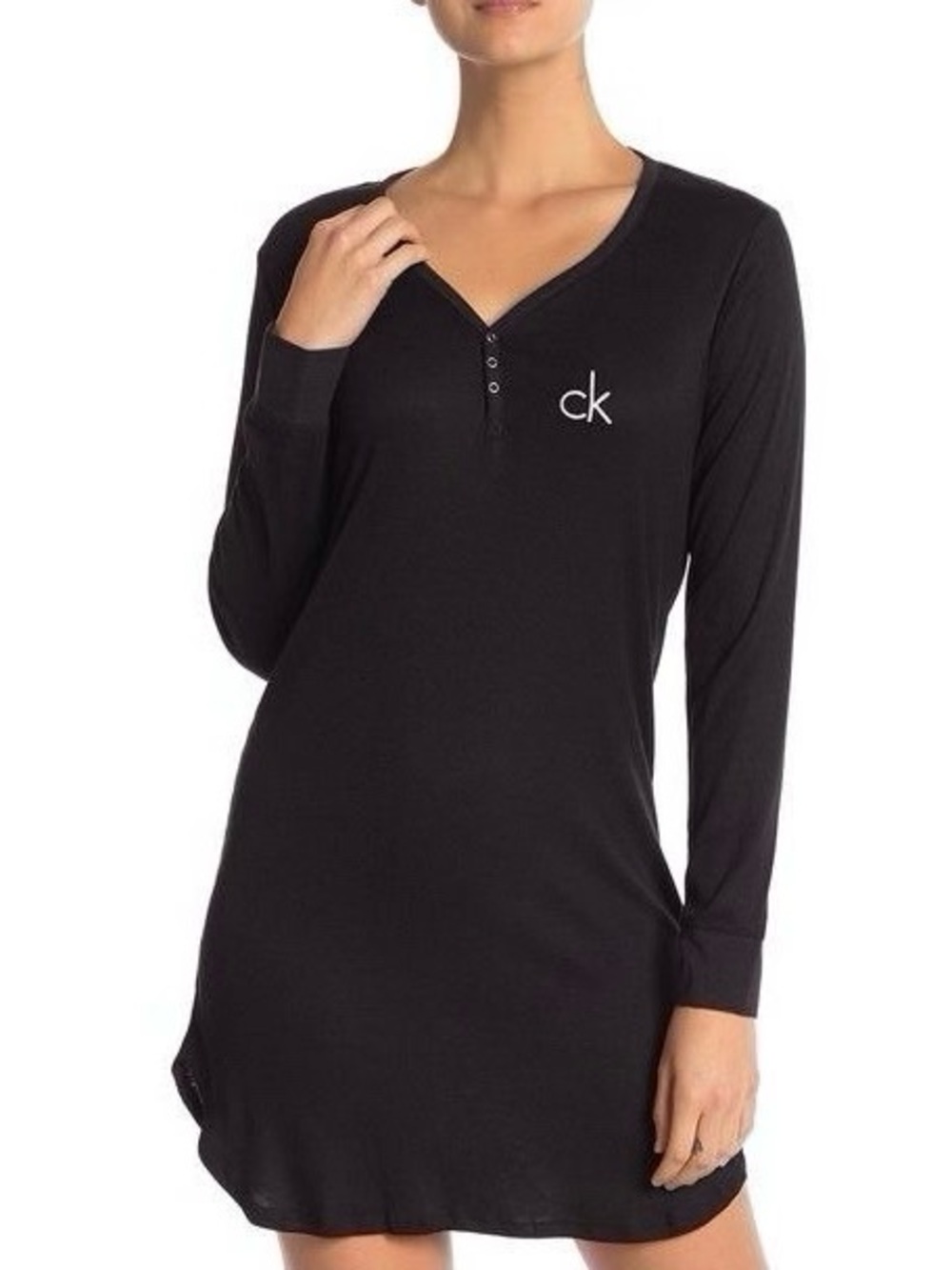 Calvin Klein Black Long-Sleeve Henley Nightshirt Sleep Dress Women’s Size M.